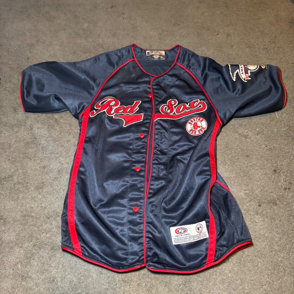 True Fan Boston Red Sox MLB Baseball Jersey Navy Blue Red Mens Medium